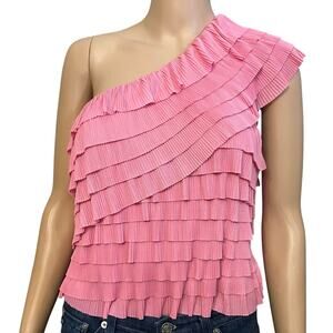 Endless Rose One Shoulder Mesh Tank Top Large Ruffle Cropped Coquette Pink